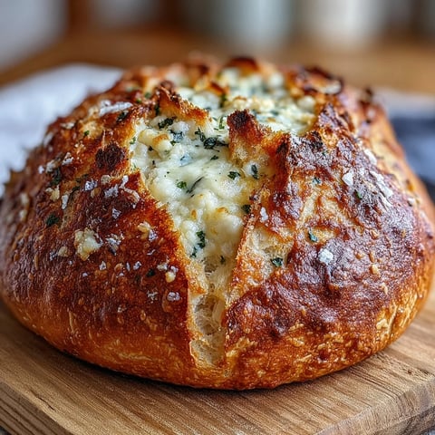 Golden crust of Perfect Parmesan Garlic Artisan Bread, with a tender, cheesy interior on a wooden board.  