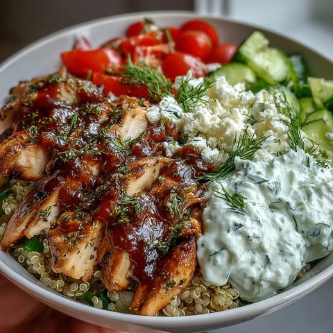 Bright Greek Chicken Power Bowl with creamy tzatziki and fresh vegetable toppings.