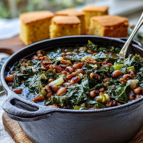Black-Eyed Peas With Collard Greens simmered in a savory broth, served hot with a wedge of golden cornbread on the side.