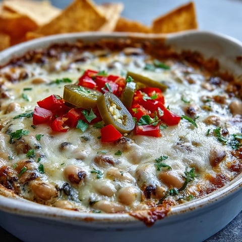 Golden brown, bubbly Hot Black-Eyed Pea Dip fresh from the oven with a side of sturdy tortilla chips.