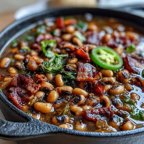 Steaming pot of Big Pot of Texas Black-Eyed Peas simmering with spicy jalapeños, smoky bacon, and garlic.
