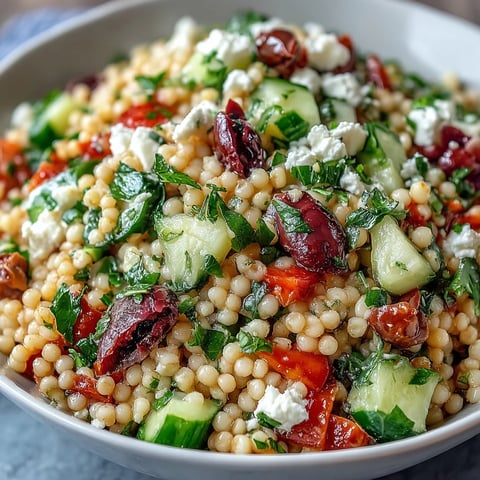 Freshly cooked Mediterranean Pearl Couscous salad with crunchy cucumber, bell peppers, and briny kalamata olives tossed in a zesty oregano vinaigrette.