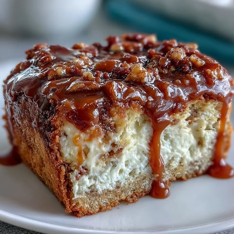 Freshly baked Caramel Cream Cheese Bread shows golden crust with a sweet caramel drizzle on top.