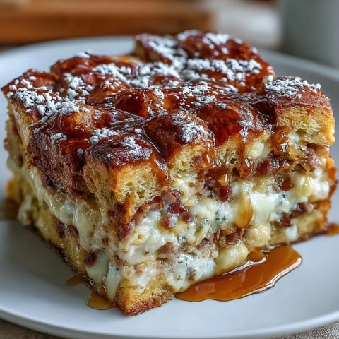 A golden-brown Monte Cristo Breakfast Casserole with powdered sugar dusting and maple syrup drizzle.