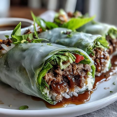 Freshly rolled Thai Basil Beef Rolls with vibrant vegetables and herbs, served with a tangy dipping sauce.  