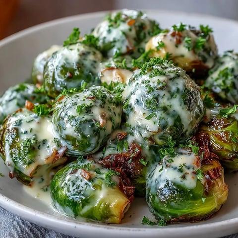 Tender Brussels sprouts coated in creamy Dijon cream cheese sauce, garnished with fresh parsley and served as a hearty vegetarian side dish.  