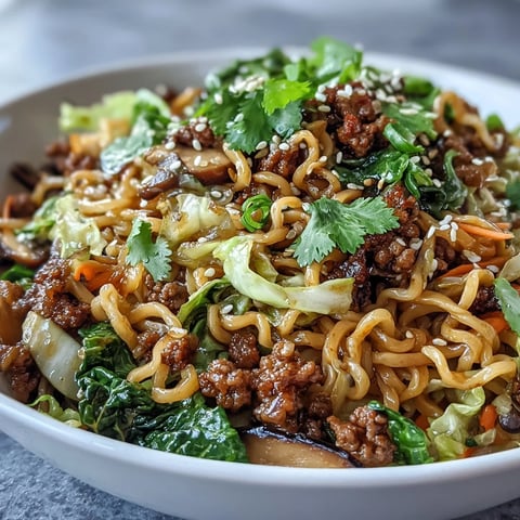 A close-up of Potsticker Noodle Bowls featuring glossy rice noodles, browned pork, and crisp cabbage, garnished with sesame seeds and herbs.