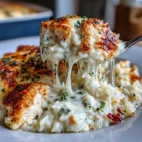 Golden bubbling cheese and creamy garlic sauce cover tender chicken and rice in this hearty Creamy Garlic Chicken & Rice Casserole.