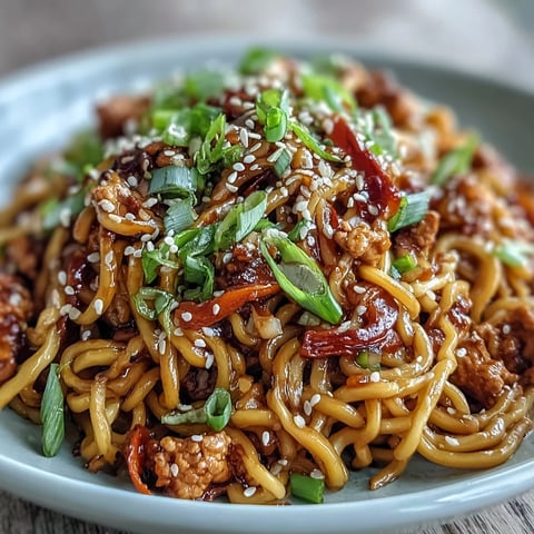 Korean Turkey Fried Noodles tossed with colorful peppers and onions, steaming on a plate.
