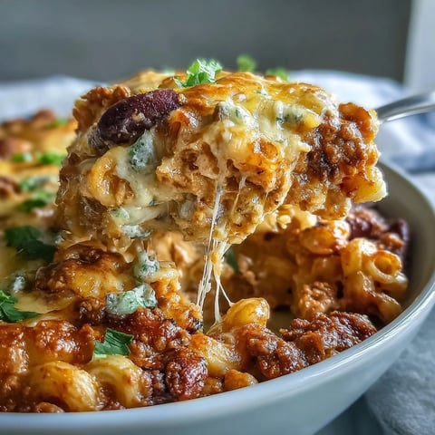 Golden, bubbly sharp cheddar blankets Baked Ranch Turkey Chili Mac fresh from a 375°F oven in a Dutch oven.
