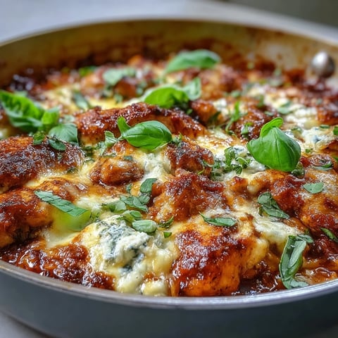 Steam rises from a one-pan creamy chicken lasagna orzo skillet, showing melted mozzarella and fresh basil.