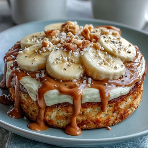 Fork-tender slices of High-Protein Breakfast Pizza Bowl with peanut butter drizzle and banana garnish.