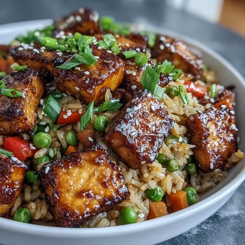 Crispy Sesame Tofu Fried Rice served hot in a white bowl, showcasing golden-brown tofu cubes mixed with colorful peas and diced bell peppers.