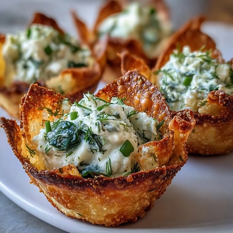 Golden Crispy Spinach Feta Wonton Cups fresh from the oven, garnished with dill.