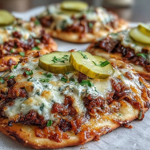 Golden, bubbly cheddar cheese sauce melts over savory seasoned beef on crispy garlic naan, topped with dill pickle slices for a cheeseburger twist.