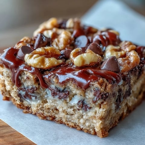 Golden-brown Chunky Monkey Protein Baked Oat Bars studded with walnuts and chocolate chips.
