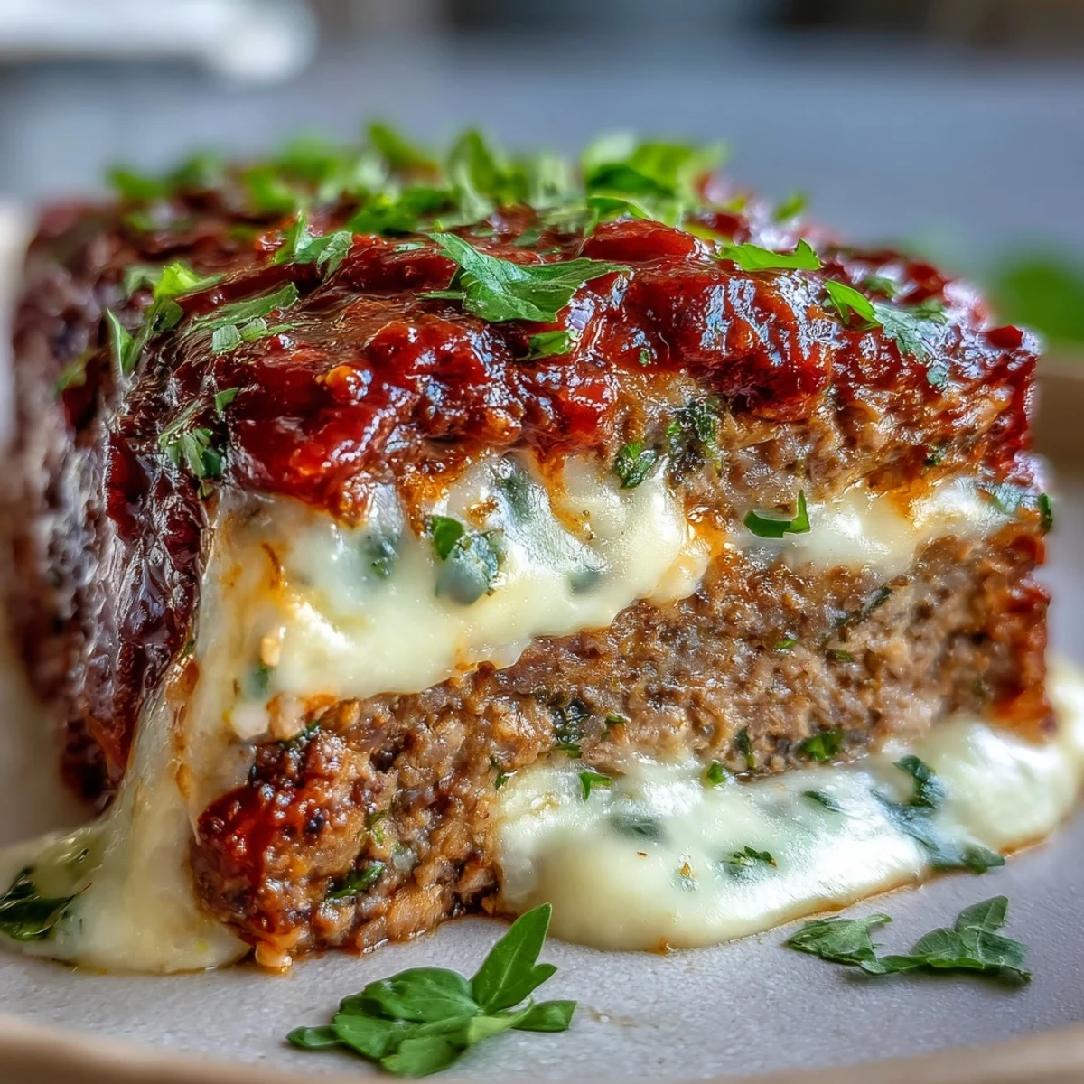 Italian Meatloaf with Mozzarella bubbling with melted cheese and rich marinara on a rustic wooden serving platter.