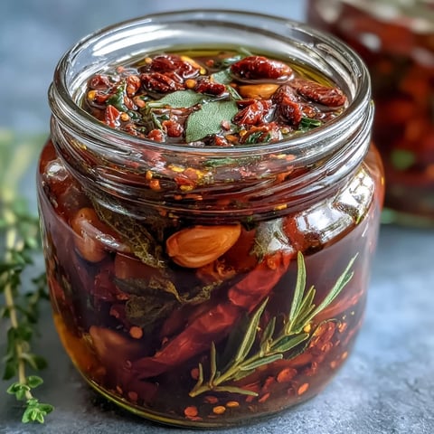 Bright red Calabrian chili oil with sliced garlic and herbs, drizzled over a steaming plate of pasta.