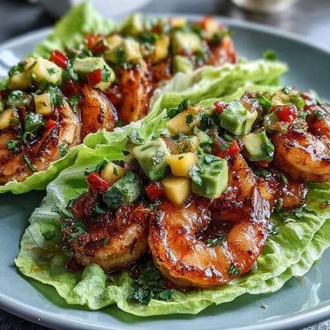 Lightened-Up Mango Salsa Shrimp Lettuce Tacos topped with diced avocado and fresh cilantro on a platter.