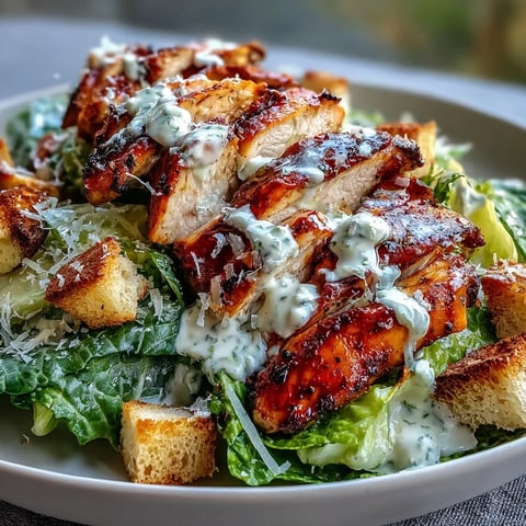Freshly grilled chicken breast slices rest on crisp romaine lettuce for this Grilled Chicken Caesar Salad.