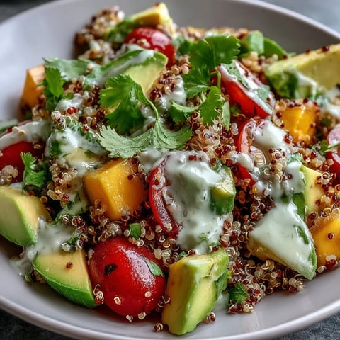 Vibrant bowl of Tropical Mango Avocado Quinoa Salad with diced mango and creamy avocado glistening with zesty lime dressing.