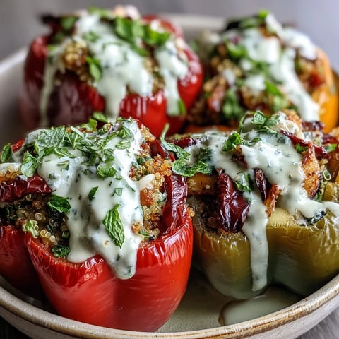 Vegan Mediterranean Chickpea Stuffed Peppers with Lemon Tahini sauce rest on a plate, garnished with fresh parsley and ready to serve.