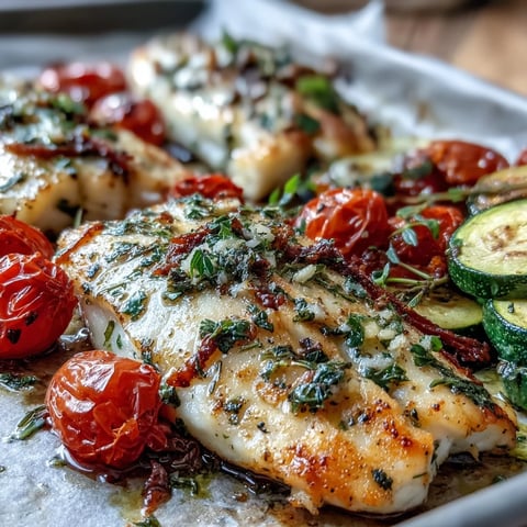 Sheet Pan Garlic Herb Tilapia with roasted zucchini and blistered cherry tomatoes garnished with fresh parsley.
