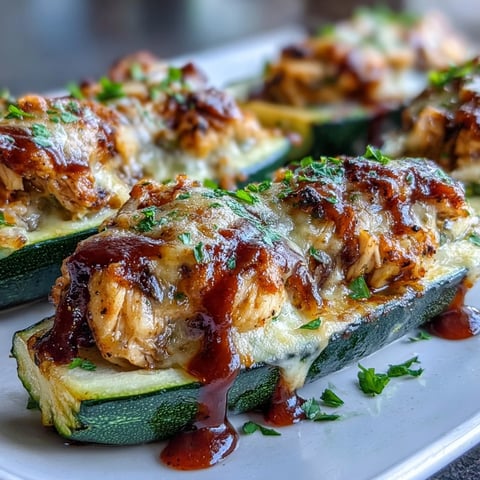 Golden-brown BBQ chicken filling bubbling under melted cheddar inside tender zucchini boats, served fresh.