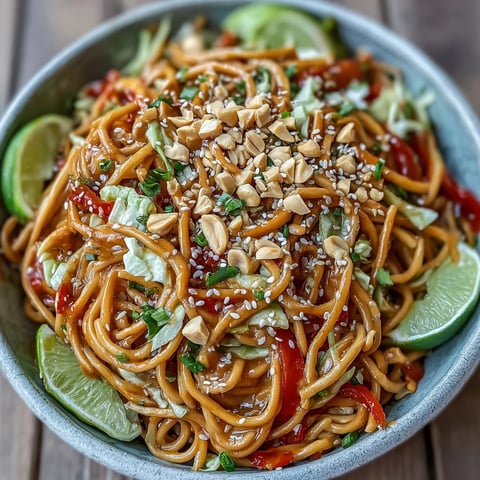 A close-up view of Vegan Spicy Peanut Soba Noodle Salad with vibrant red cabbage, carrot ribbons, and chopped scallions tossed in a creamy peanut dressing.