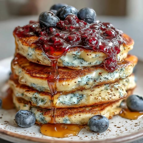Golden-brown High-Protein Greek Yogurt Pancakes with Blueberry Compote stacked high, showcasing their fluffy texture and vibrant purple syrup drizzle.