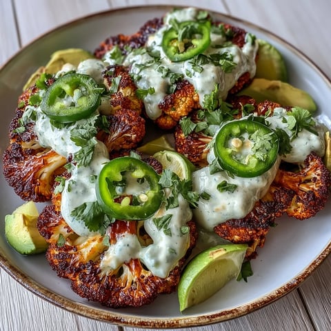 Golden roasted Keto Chili Lime Cauliflower Steaks glisten with spice rub on a baking sheet next to a bowl of creamy avocado crema.