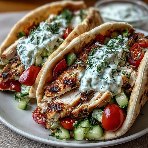 Freshly grilled chicken slices rest inside a warm whole wheat pita, filled with vibrant cucumber tomato salad and creamy Greek yogurt sauce.