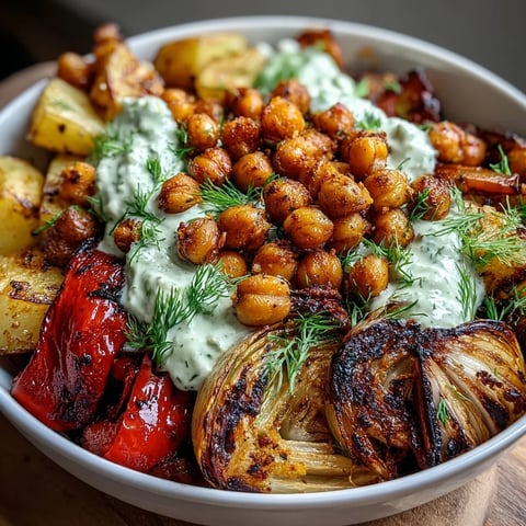 Vibrant roasted vegetables and chickpeas served over creamy tzatziki sauce in a Mediterranean bowl.  