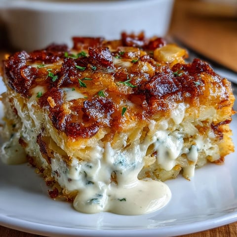 Golden cheesy hashbrown casserole with melted cheddar and creamy sauce, perfect for a comforting breakfast or side dish.
