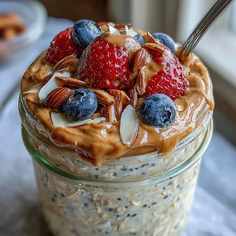 Creamy overnight oats topped with fresh berries and a swirl of almond butter for a nourishing breakfast.  