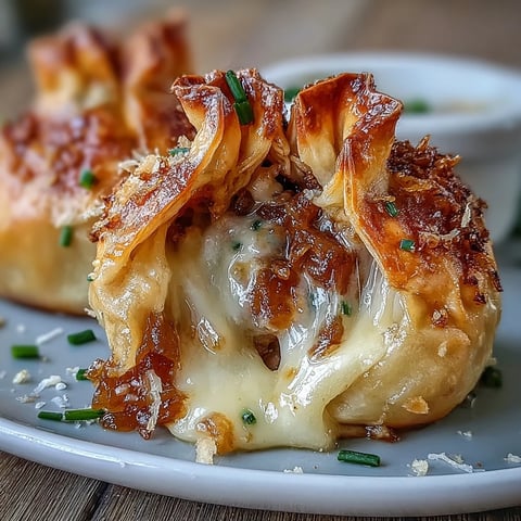 Crispy Caramelized French Onion Soup Dumplings filled with gooey Gruyère and golden onions.
