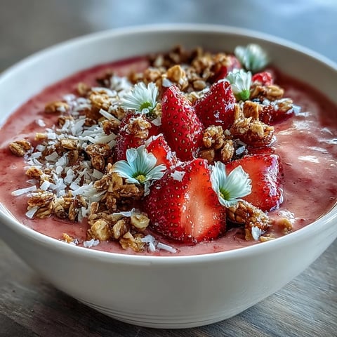 A vibrant Galentines brunch strawberry smoothie bowl with crunchy granola and fresh berries, perfect for a festive girls' day.  
