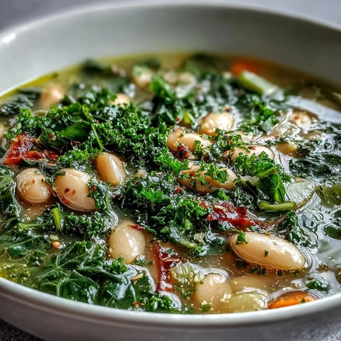 Hearty bowl of kale and white bean soup with lemon and garlic, garnished with fresh parsley and served with crusty bread.  