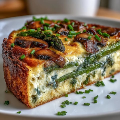 A golden sourdough crust frittata loaded with fresh asparagus and sautéed mushrooms, baked to perfection for a savory brunch centerpiece.  