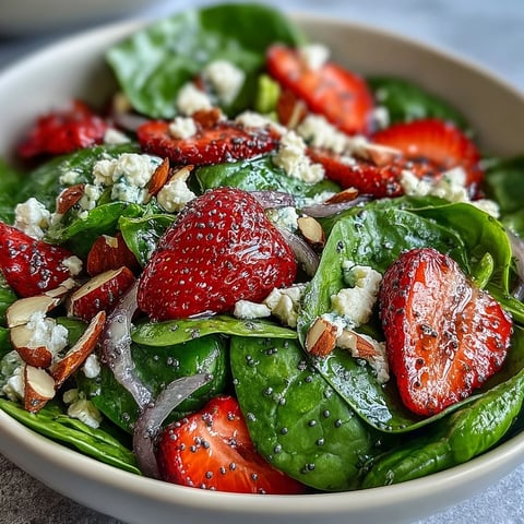 A colorful spring salad with baby spinach, fresh strawberries, creamy feta, and crunchy almonds, drizzled with tangy poppy seed dressing.