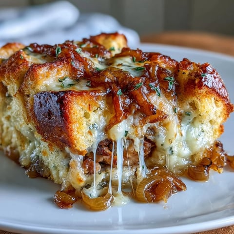 Savory French onion chicken thigh bake with caramelized onions, golden sourdough topping, and melted Gruyère cheese in a rich sauce.