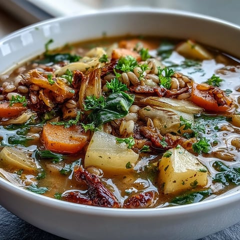 Warm winter-to-spring vegetable soup with barley, showcasing tender root vegetables and leafy greens in a steaming bowl.