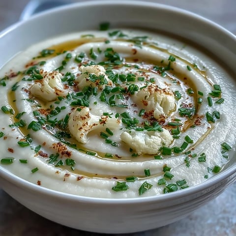A steaming bowl of creamy onion and cauliflower soup, garnished with fresh chives and a drizzle of olive oil.  