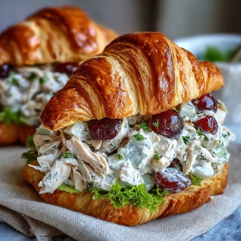 Fresh chicken salad croissant sandwiches filled with juicy grapes, crunchy celery, and creamy dressing, perfect for picnics.