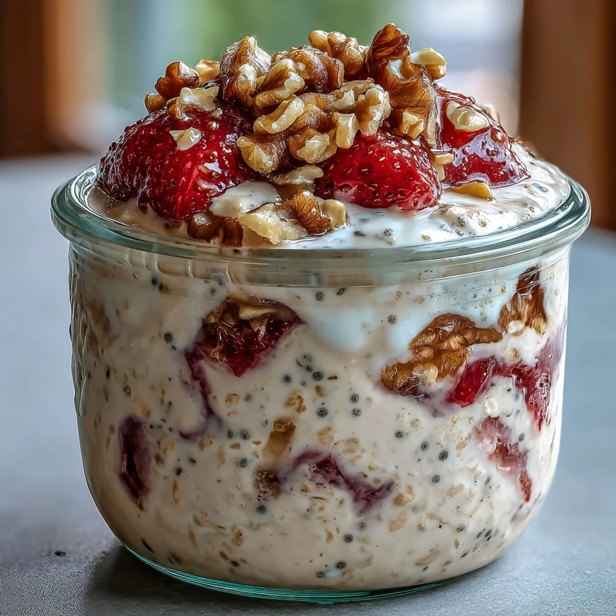 Creamy overnight oats with strawberries, banana, and crunchy walnuts, perfect for a healthy breakfast.