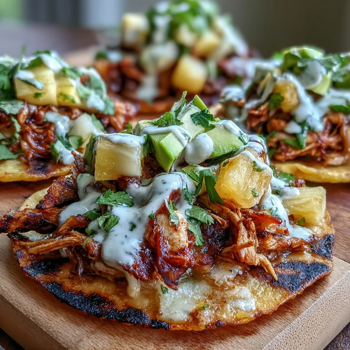 Crispy tostadas piled high with juicy chicken, vibrant pineapple salsa, and a drizzle of tangy lime crema for a fresh and satisfying meal.  