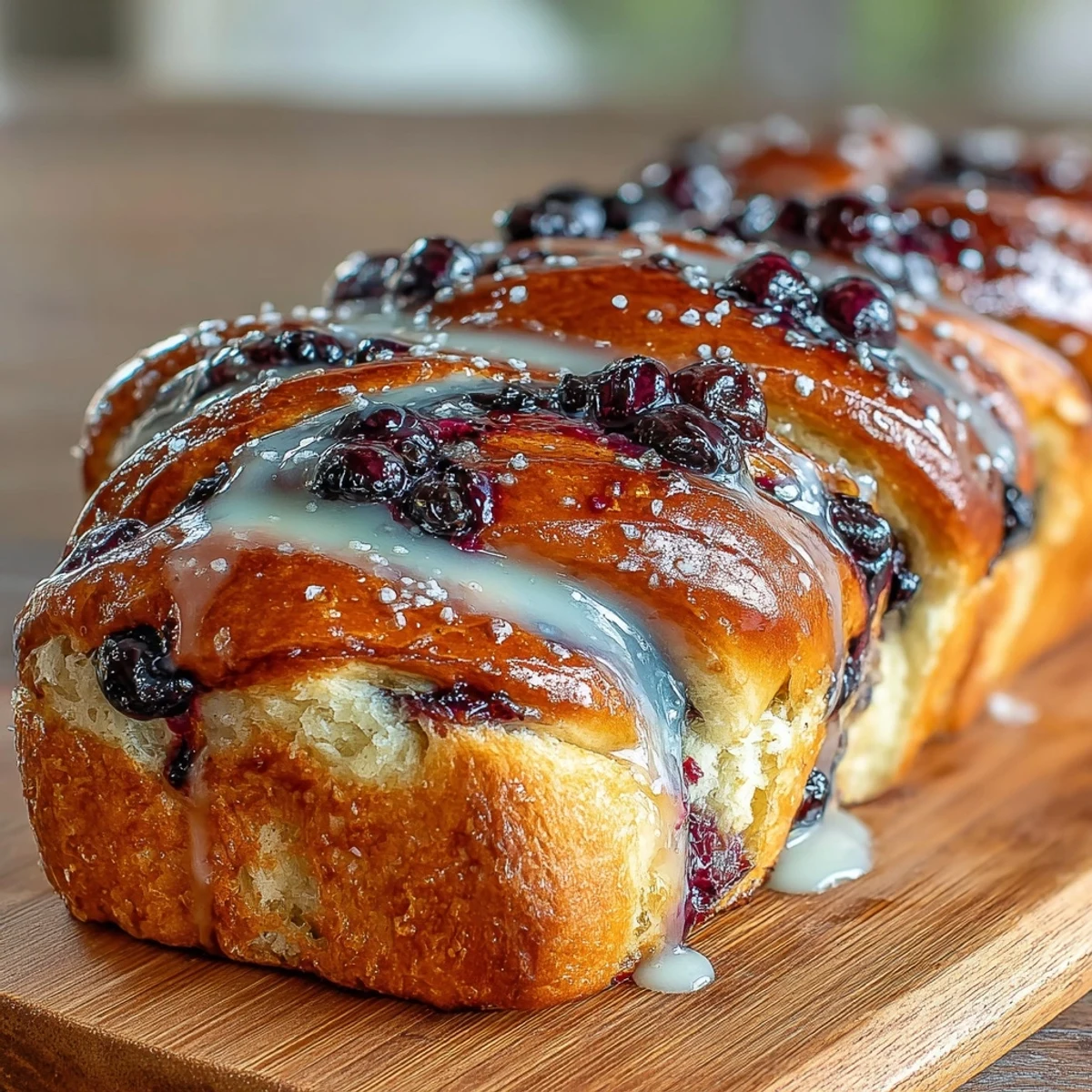 Vibrant lemon blueberry sourdough swirl bread loaf with golden crust and purple-blueberry swirls throughout.  