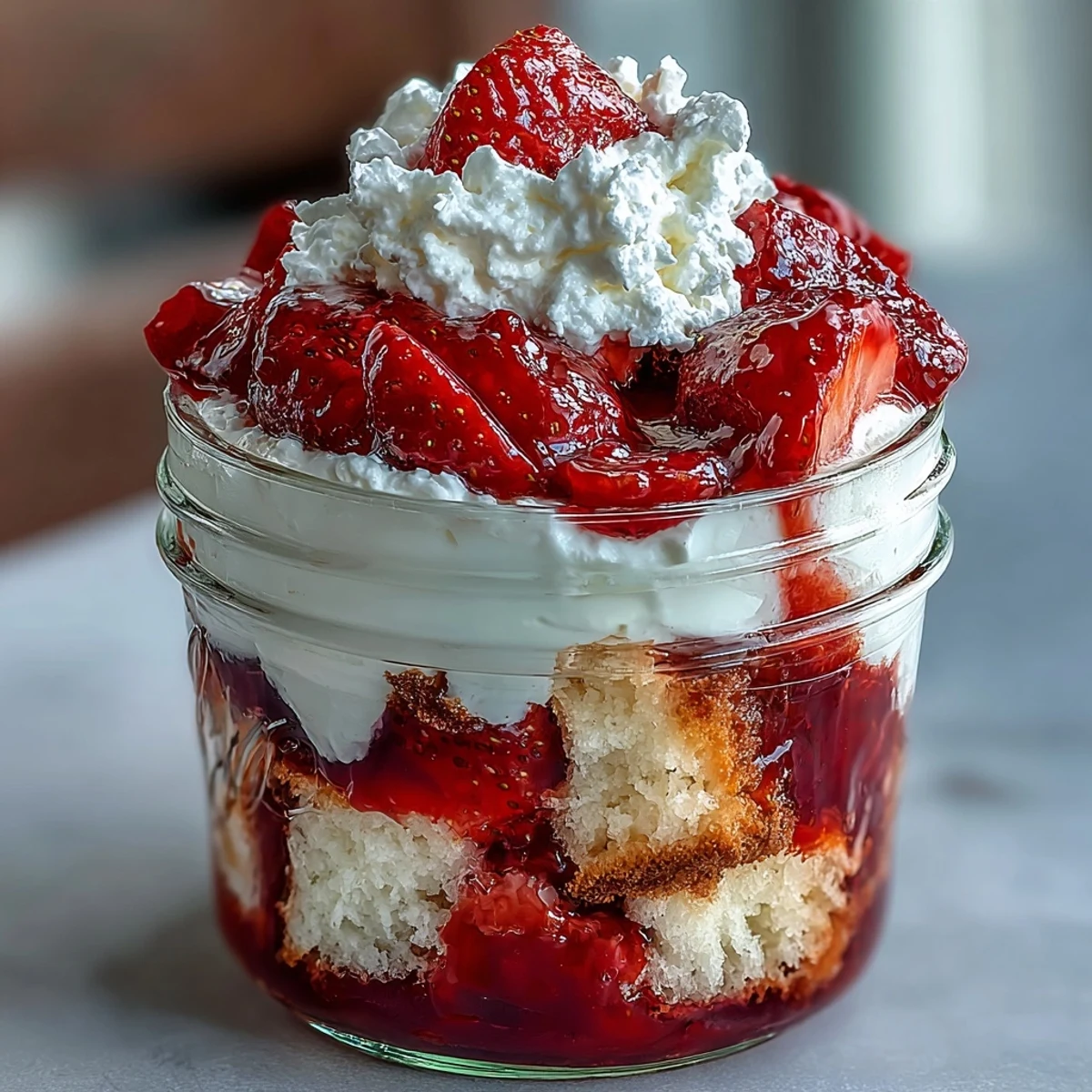 Strawberry shortcake trifle in mason jars with layers of fluffy shortcake, fresh strawberries, and whipped cream.  