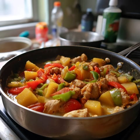 A pan of food on a stove.