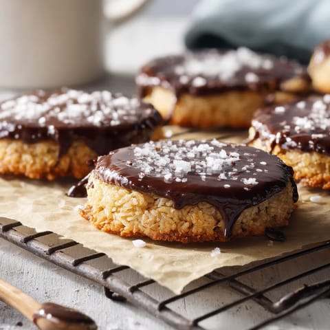 A plate of rice cakes with dark chocolate and sea salt.